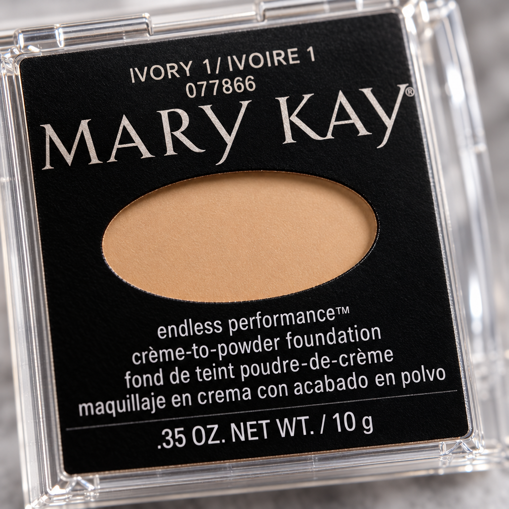 Close-up of the Ivory 1 label on the Mary Kay Endless Performance Creme-to-Powder Foundation compact