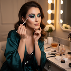 Stylish woman with bold colorful eyeliner getting ready for an evening out