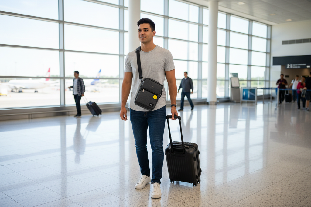 Solo New York Ludlow tablet sling worn by traveler at airport — lightweight crossbody tech bag for travel — More4less Outlet