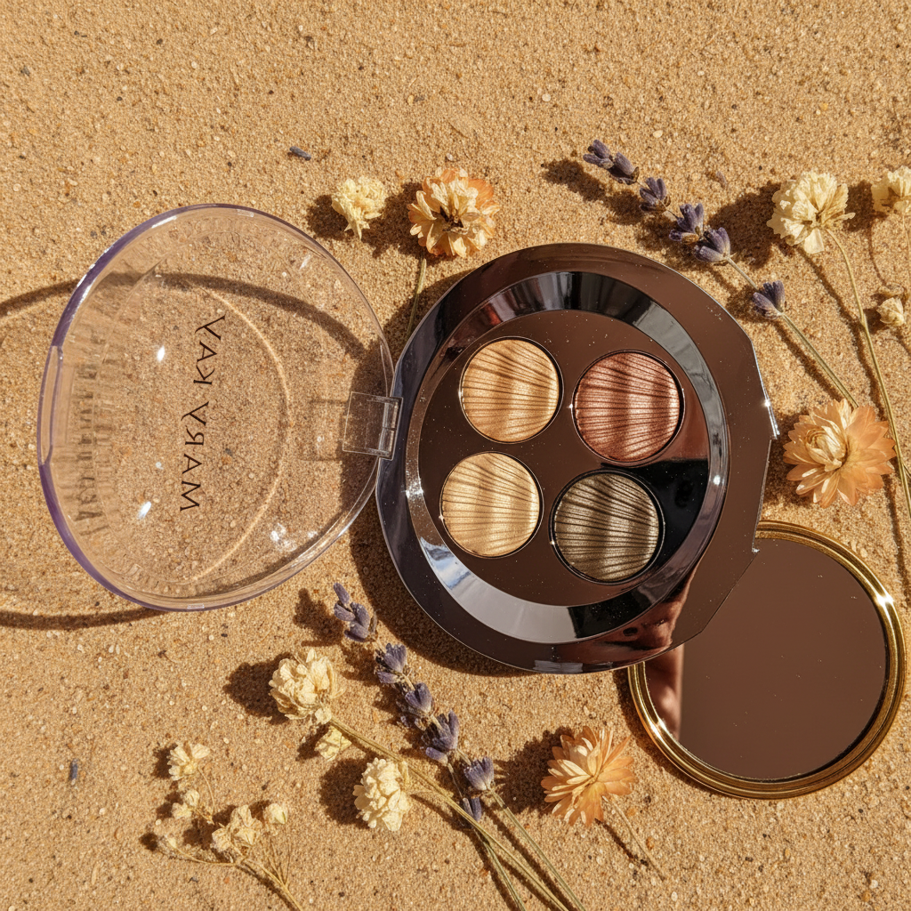 Mary Kay Pure Dimensions Moroccan Dunes eyeshadow palette flat lay warm sandy surface seashell pans lifestyle