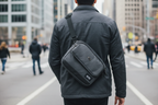 Solo New York Ludlow grey tablet sling worn crossbody by urban commuter — stylish tech bag for daily carry — More4less Outlet