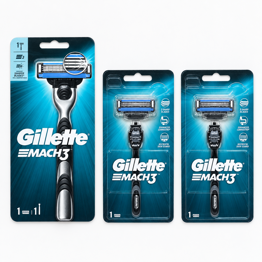 Three Gillette Mach3 razor retail packages on a white background