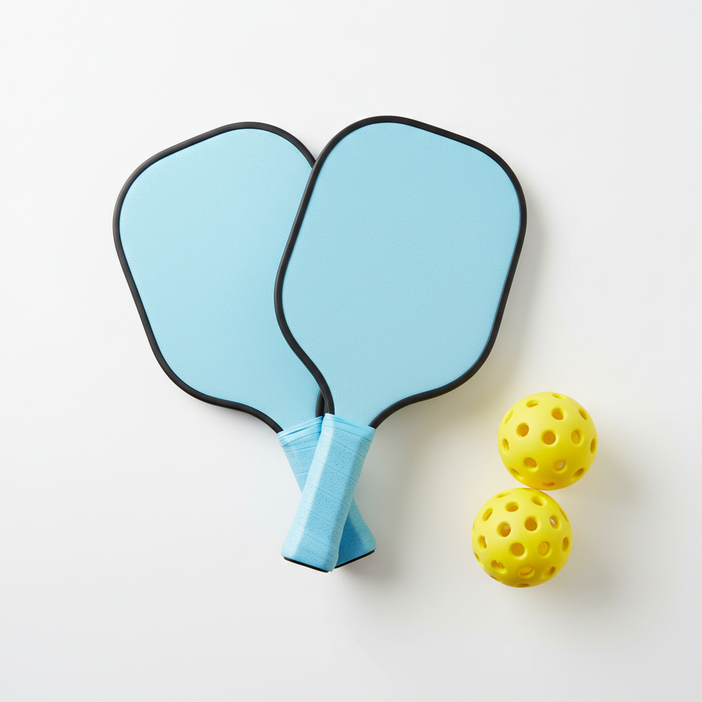 Flat lay of two foam pickleball paddles and two yellow foam balls on white surface — Supreme Silent Sports set contents — More4less Outlet