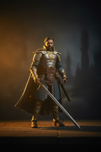 Close-up detail of Hasbro D&D Xenk Golden Archive action figure with longsword accessory, dramatic golden fantasy lighting — More4less Outlet
