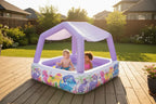 Two toddlers playing in Intex 62-inch Sun Shade inflatable kiddie pool on deck at golden hour - More4less Outlet