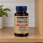 Wiley's Finest Peak DHA bottle on a wooden shelf
