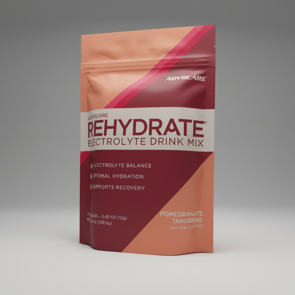 Close view of AdvoCare Rehydrate Pomegranate Tangerine electrolyte drink mix package