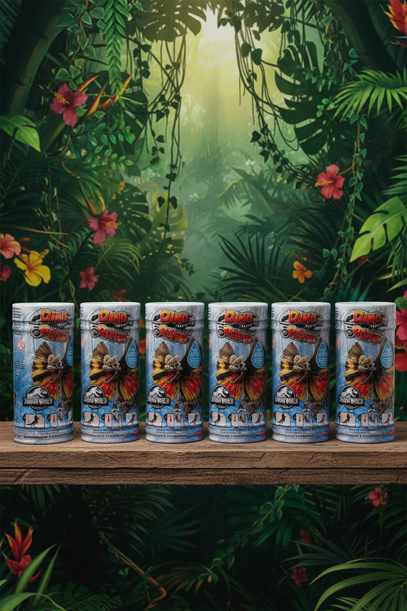 Multiple Jurassic World Dino Reveal canisters displayed as collectible set on shelf with jungle backdrop — More4less Outlet
