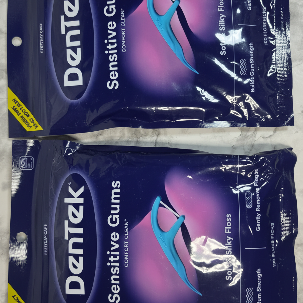 Close view of two sealed DenTek Sensitive Gums Comfort Clean floss pick bags