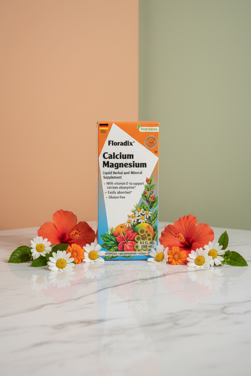Floradix Calcium Magnesium Liquid Supplement 250ml retail box on white marble with orange and green botanical props, chamomile and hibiscus flowers, minimalist studio photography – More4less Outlet
