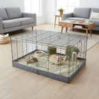 Kaytee Open Living liner installed in small animal cage with fresh bedding, bright living room overhead view