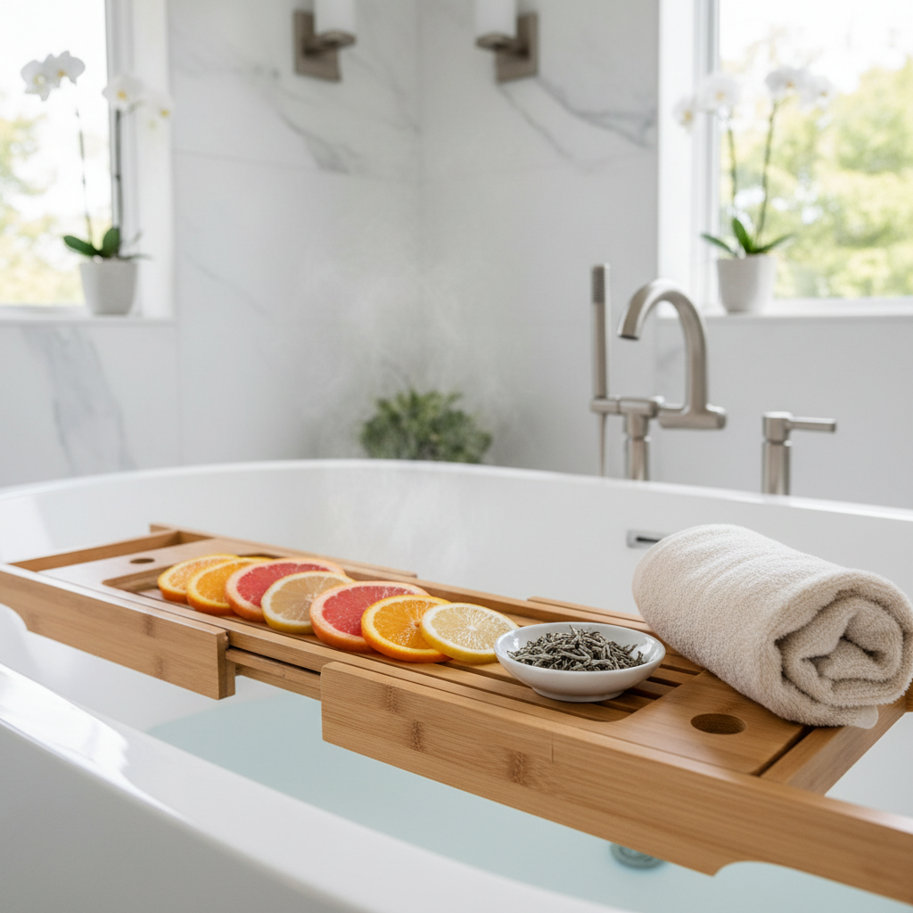 Spa tray with citrus slices, white tea leaves in ceramic dish, and folded cotton towel in bright bathroom