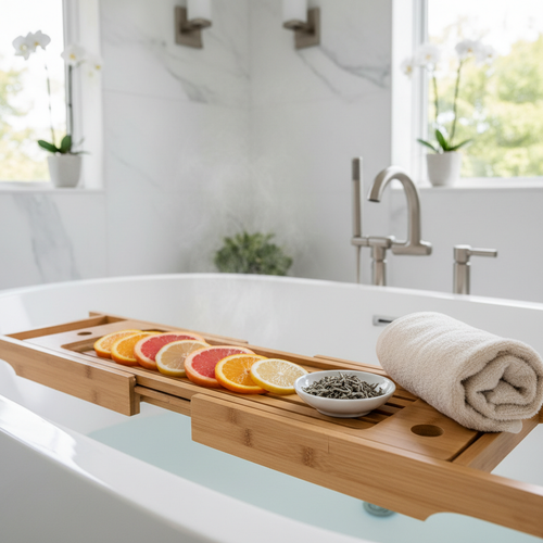 Spa tray with citrus slices, white tea leaves in ceramic dish, and folded cotton towel in bright bathroom
