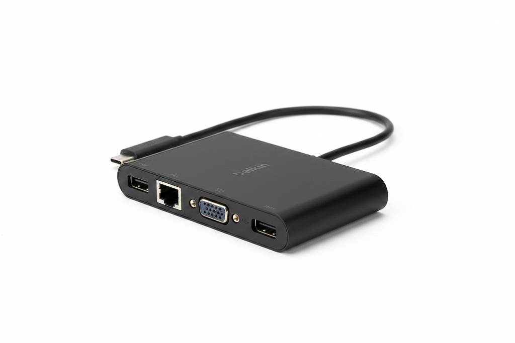 Belkin USB-C Multimedia Adapter close-up showing HDMI, VGA, Gigabit Ethernet, and USB-A ports with tethered cable — More4less Outlet
