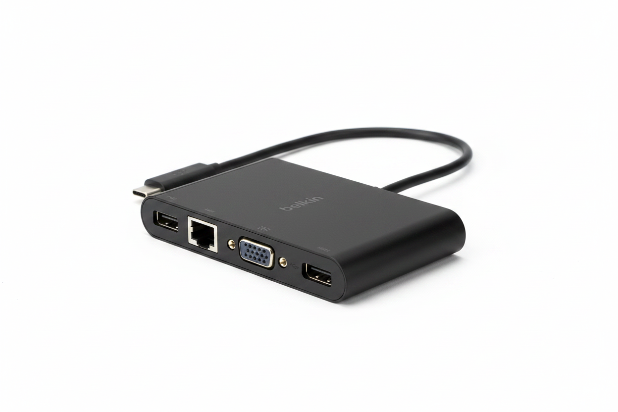 Belkin USB-C Multimedia Adapter close-up showing HDMI, VGA, Gigabit Ethernet, and USB-A ports with tethered cable — More4less Outlet
