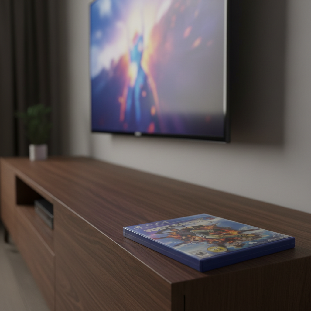 Just Cause 3 PS4 game case on dark oak media console