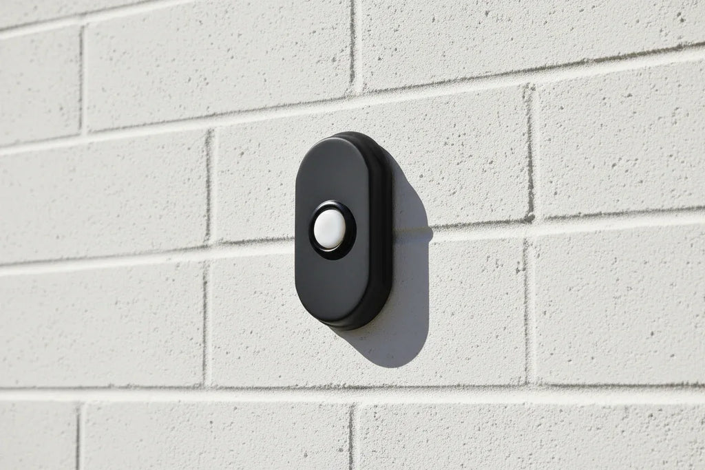 Baldwin Arch Doorbell Button Matte Black on minimalist modern white brick wall entryway