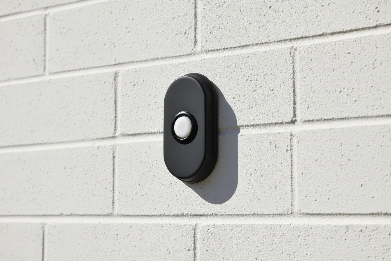 Baldwin Arch Doorbell Button Matte Black on minimalist modern white brick wall entryway