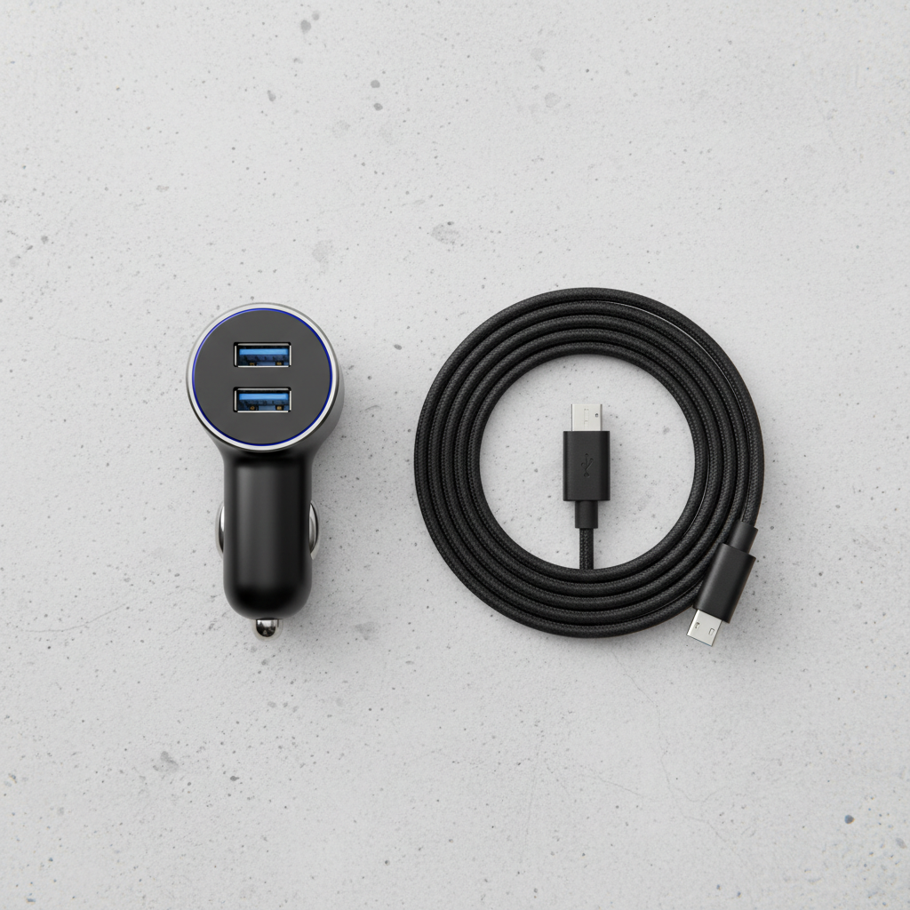 Case Logic Dual USB Car Charger and Micro USB cable flat lay on white surface — More4less Outlet