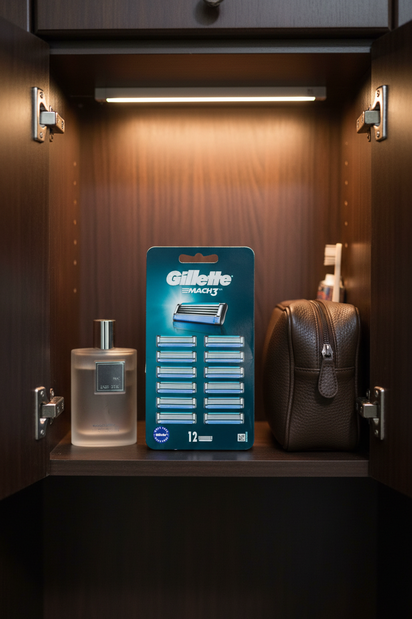 Gillette Mach3 12-count razor refills in dark-wood medicine cabinet with designer cologne and leather dopp kit