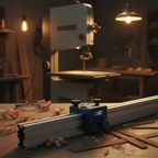 Atmospheric workshop photo showing Kreg micro-adjuster on band saw fence rail in foreground with band saw blade in background – precision woodworking setup