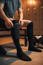 G-Form Pro-S Blade Shin Guards being slipped into soccer sock in locker room