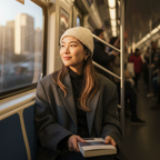Young woman commuting in the city wearing true wireless earbuds listening to music