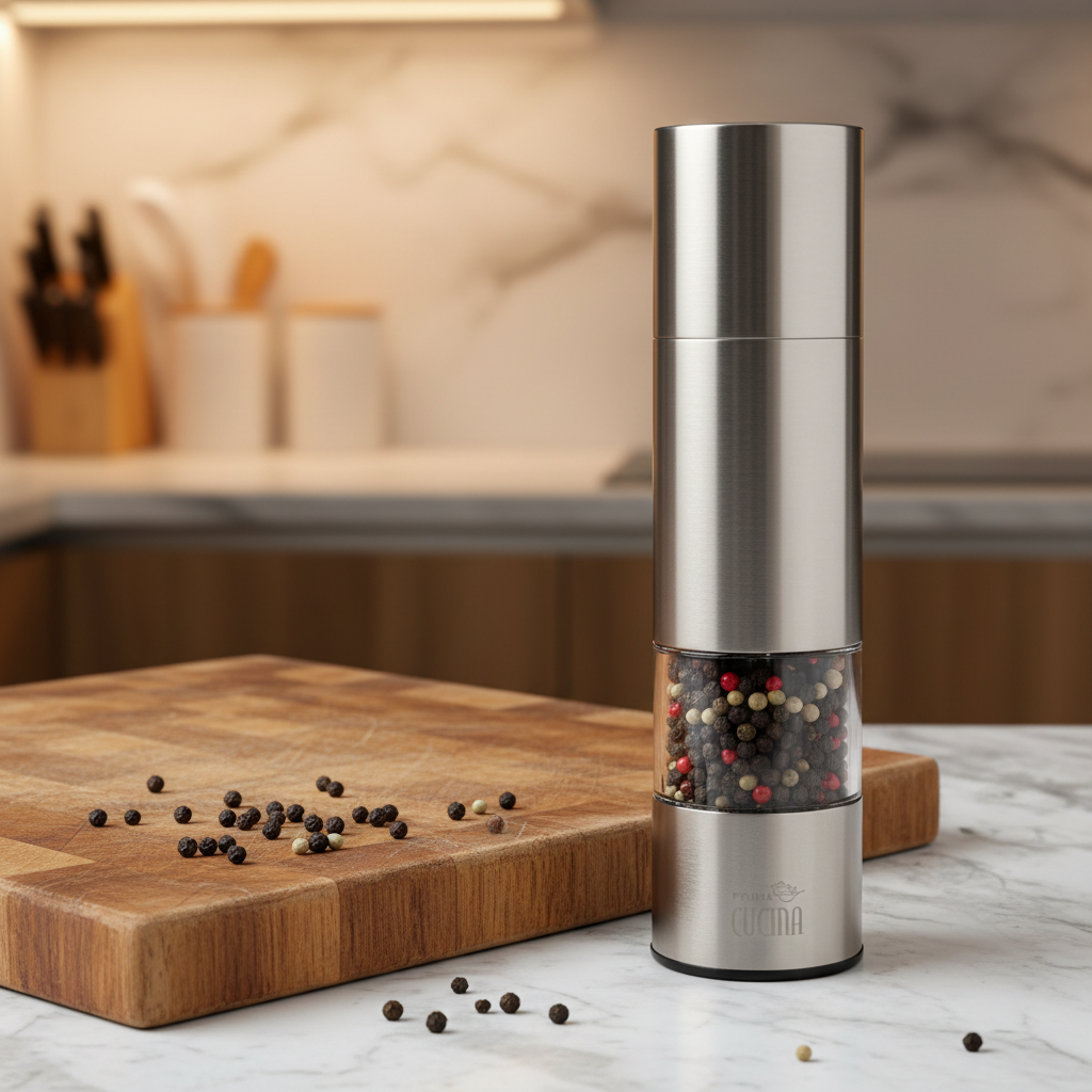 Prima Cucina Battery-Operated Pepper Mill stainless steel body standing on white marble counter beside wooden cutting board and fresh peppercorns, warm kitchen lighting