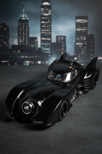 AMT 1/25 scale Batman and Robin Batmobile model kit assembled close-up showing cockpit with Batman figure chrome turbine details and Gotham atmosphere