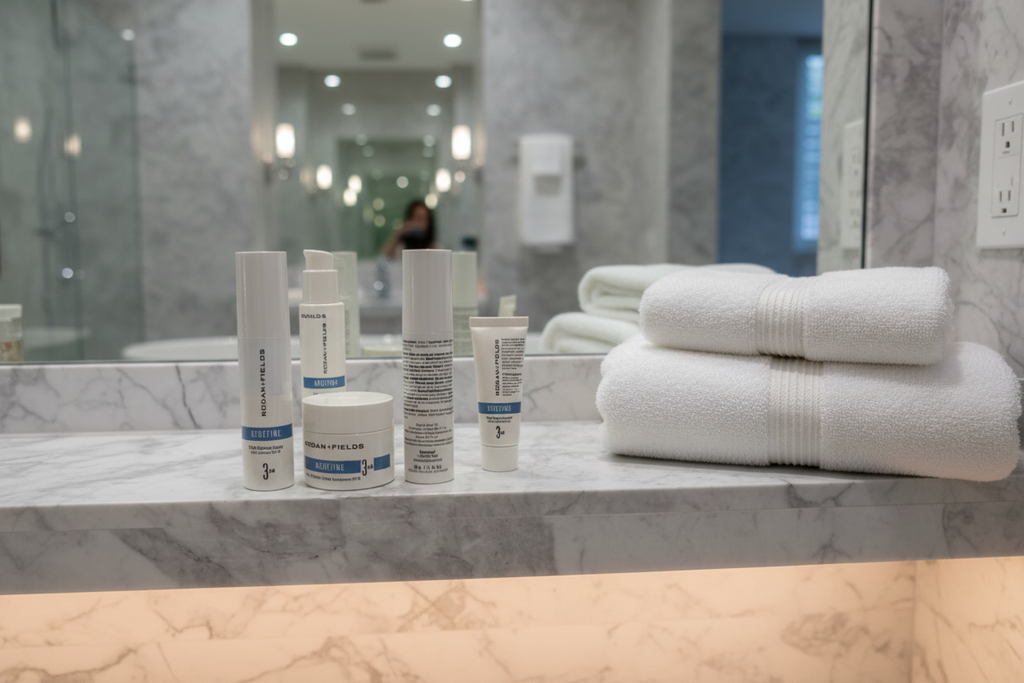 Rodan + Fields REDEFINE Triple Defense 3AM set lotion and cream on luxury bathroom vanity shelf with skincare products and white towels – More4less Outlet