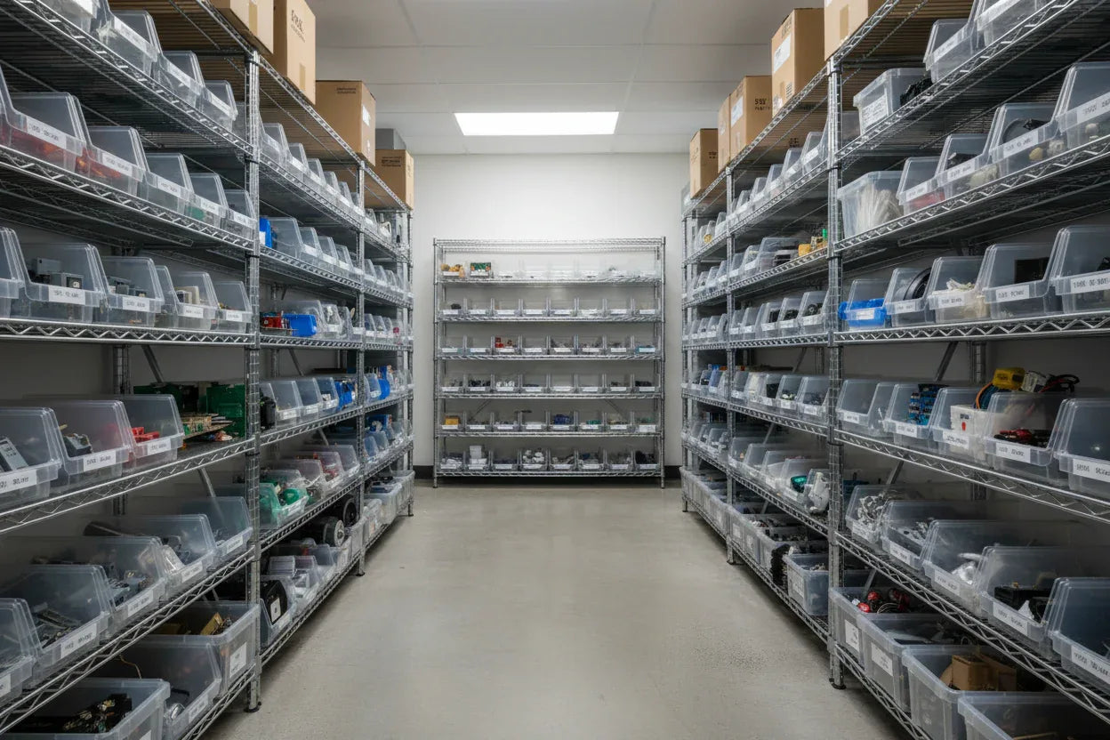 Organized shelves of high-quality appliance maintenance and replacement parts in a professional parts room
