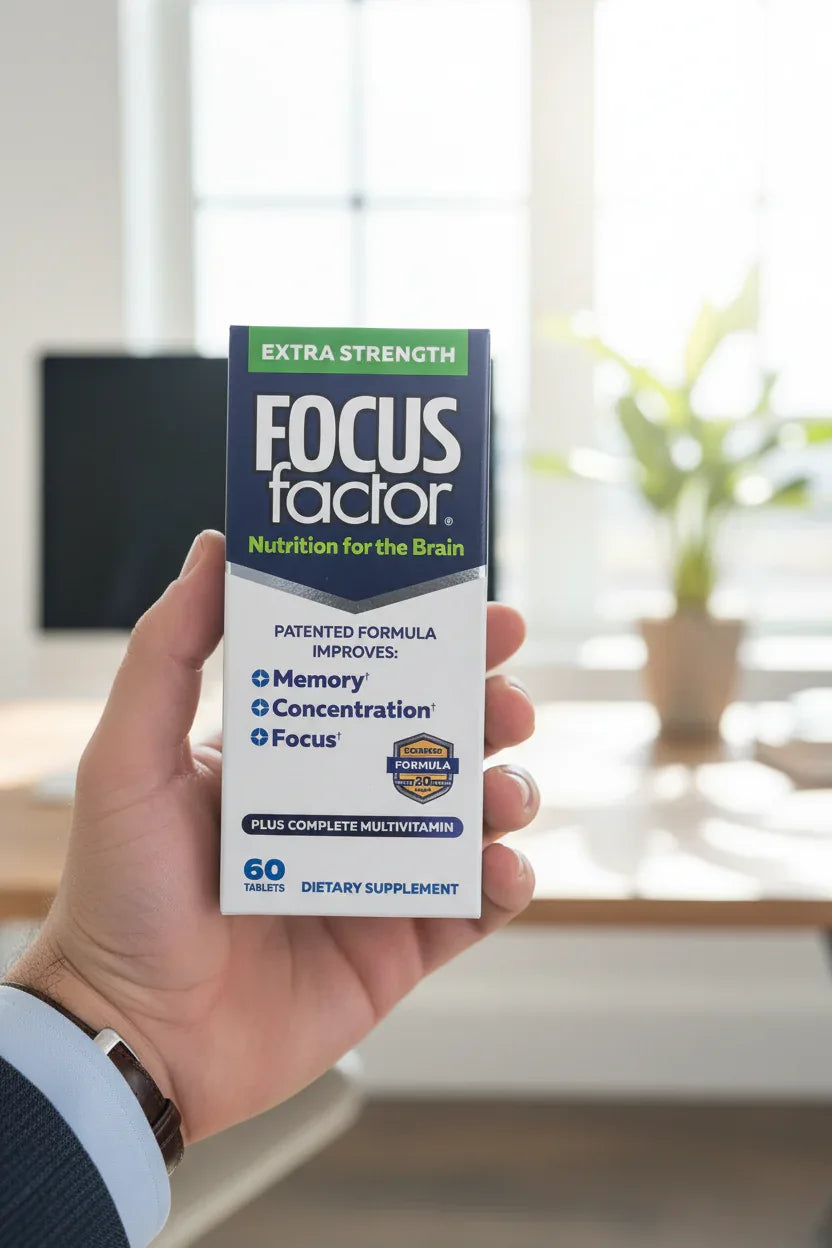 Focus Factor Extra Strength box in-hand close-up shallow depth of field bright office background