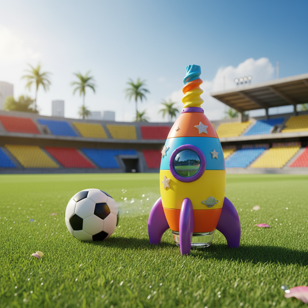 Lifestyle image — colorful kids fragrance bottle on bright green soccer field with soccer ball, fun editorial product photography for visual context only