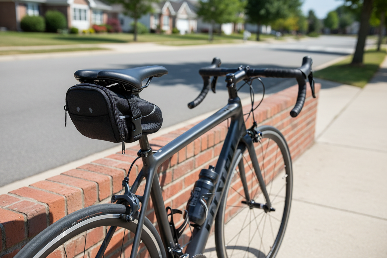 Schwinn black bicycle seat pack mounted under road bike saddle on sunny suburban street — compact aerodynamic saddle bag for cycling