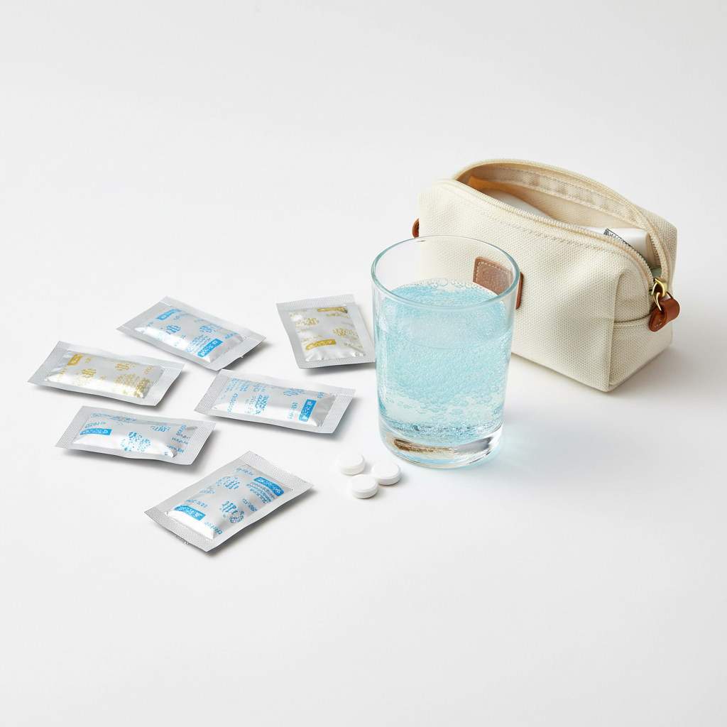 Foil medicine pouches and fizzing glass of water flat lay