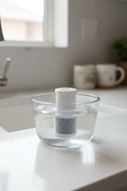 Contigo Clybourn replacement filter soaking in glass bowl of cold water per first-use instructions