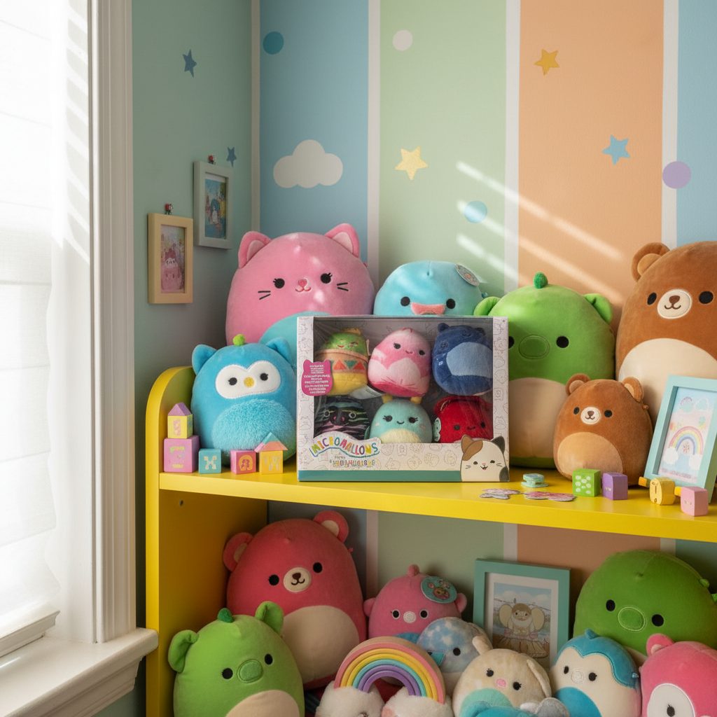 Squishmallows Micromallows 6-Pack Series 2 displayed on a colorful kids bedroom shelf — More4less Outlet lifestyle image
