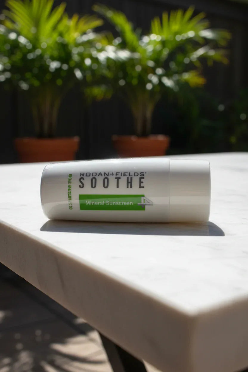 Clean white mineral sunscreen bottle resting on a bright outdoor patio table with soft natural light and green plants