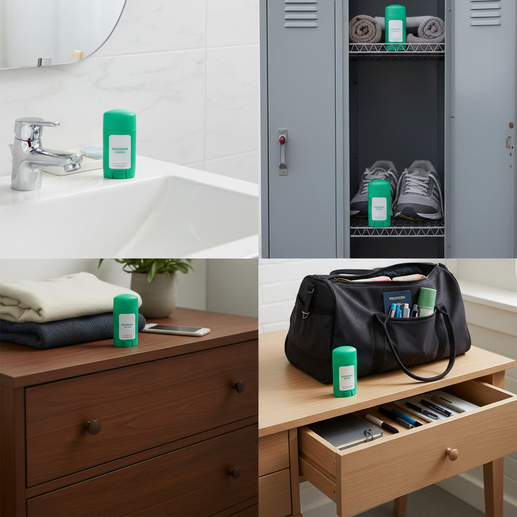 Five deodorant sticks distributed across bathroom, gym, travel bag, office, and dresser