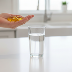 Close-up of a hand holding large oval fish oil softgel capsules next to a glass of water