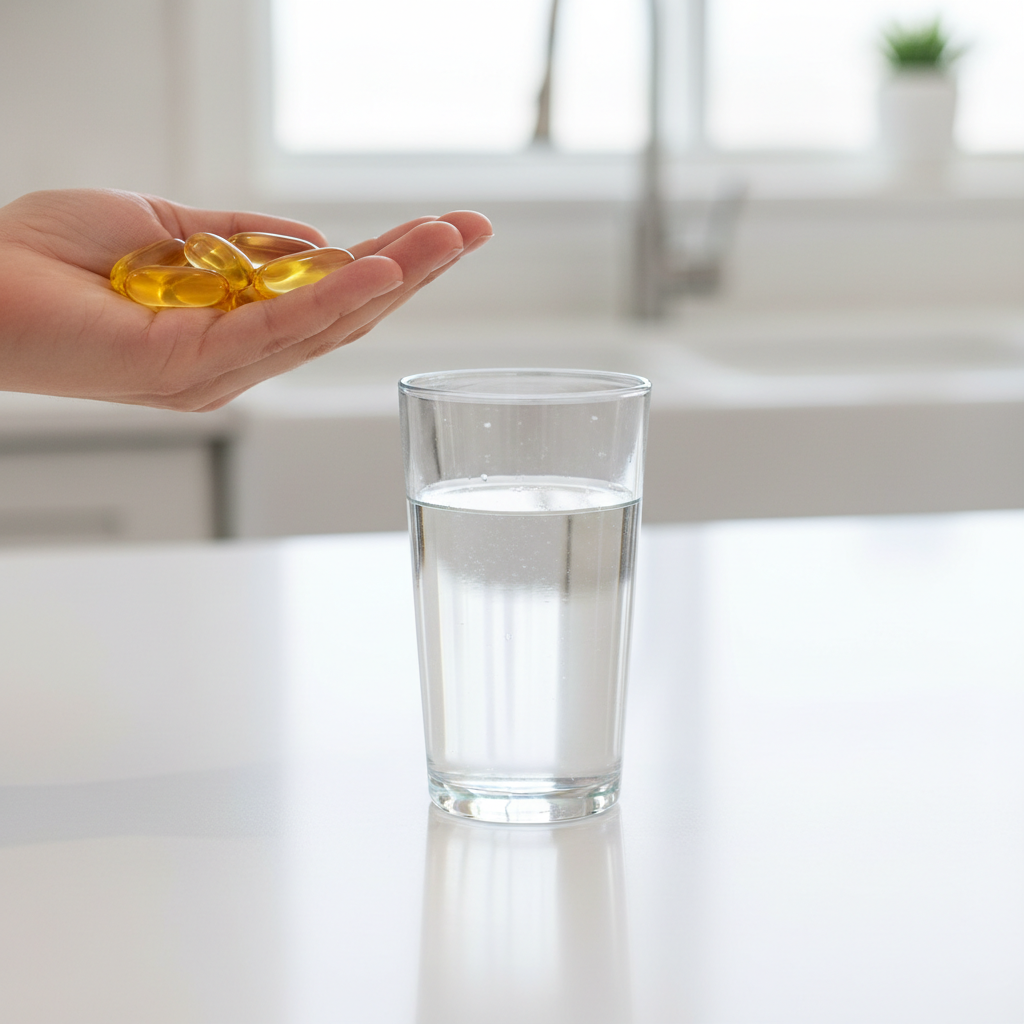 Close-up of a hand holding large oval fish oil softgel capsules next to a glass of water