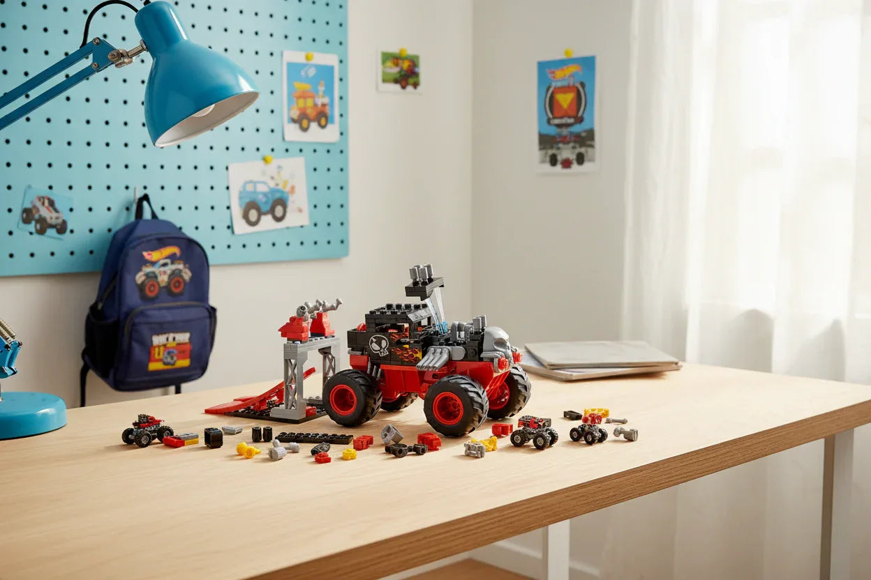Bright children's bedroom desk with Mega Hot Wheels Bone Shaker build and brick pieces