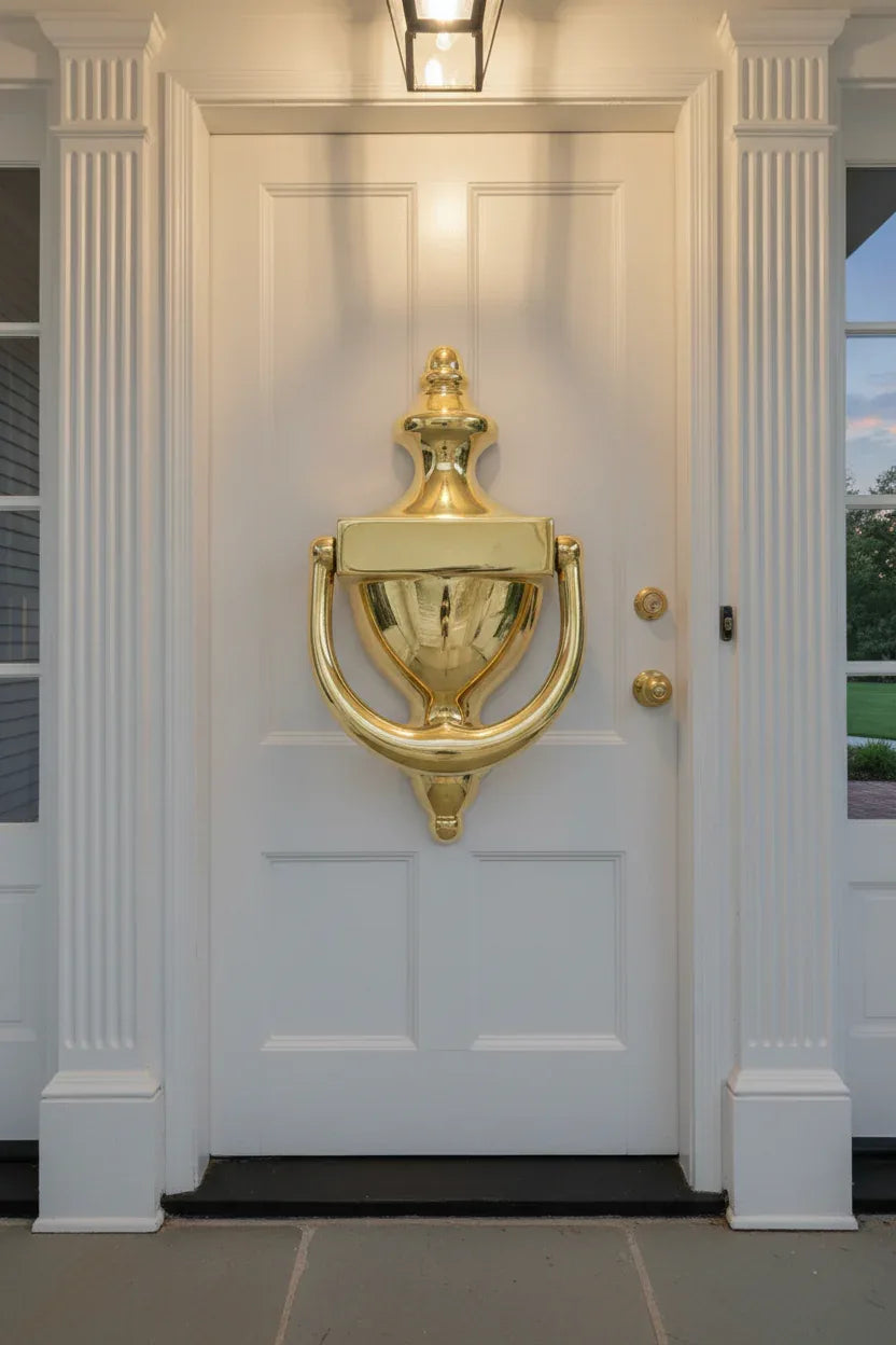Baldwin 0102 Colonial Door Knocker Polished Brass on white painted wood door with architectural columns and porch lighting