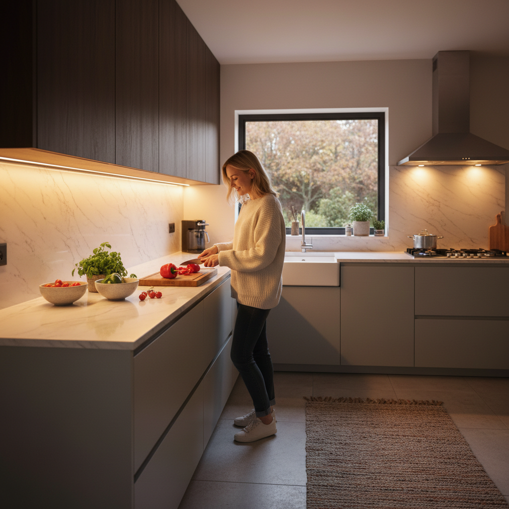 Woman preparing a meal in a modern kitchen with warm under-cabinet LED lighting illuminating the countertop