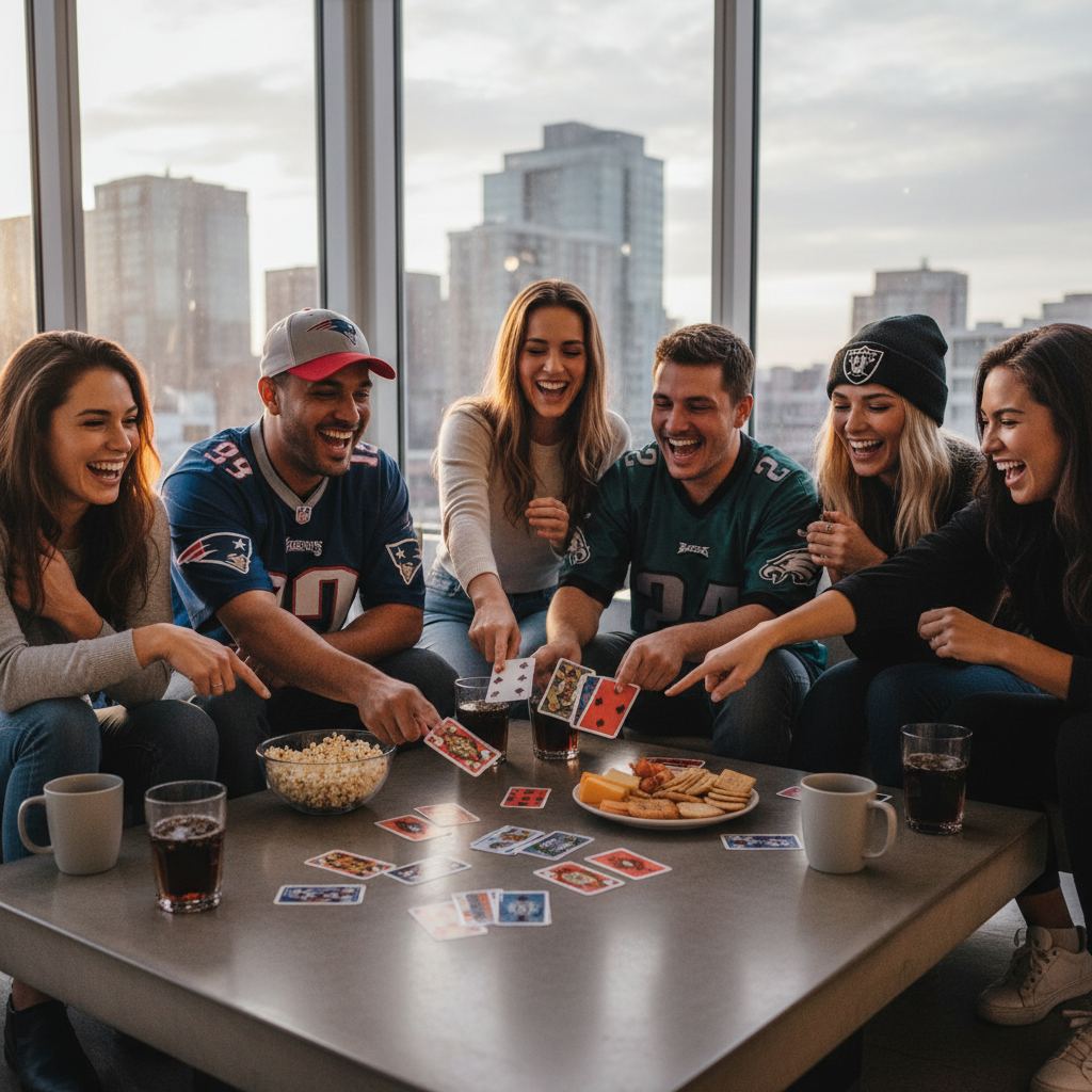 Group of friends in their 20s gathered around a coffee table for game night wearing NFL gear