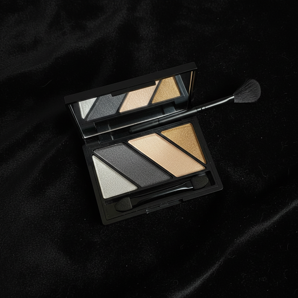 Mary Kay Mineral Eye Color Quad open compact showing shimmer shades on black velvet with brush