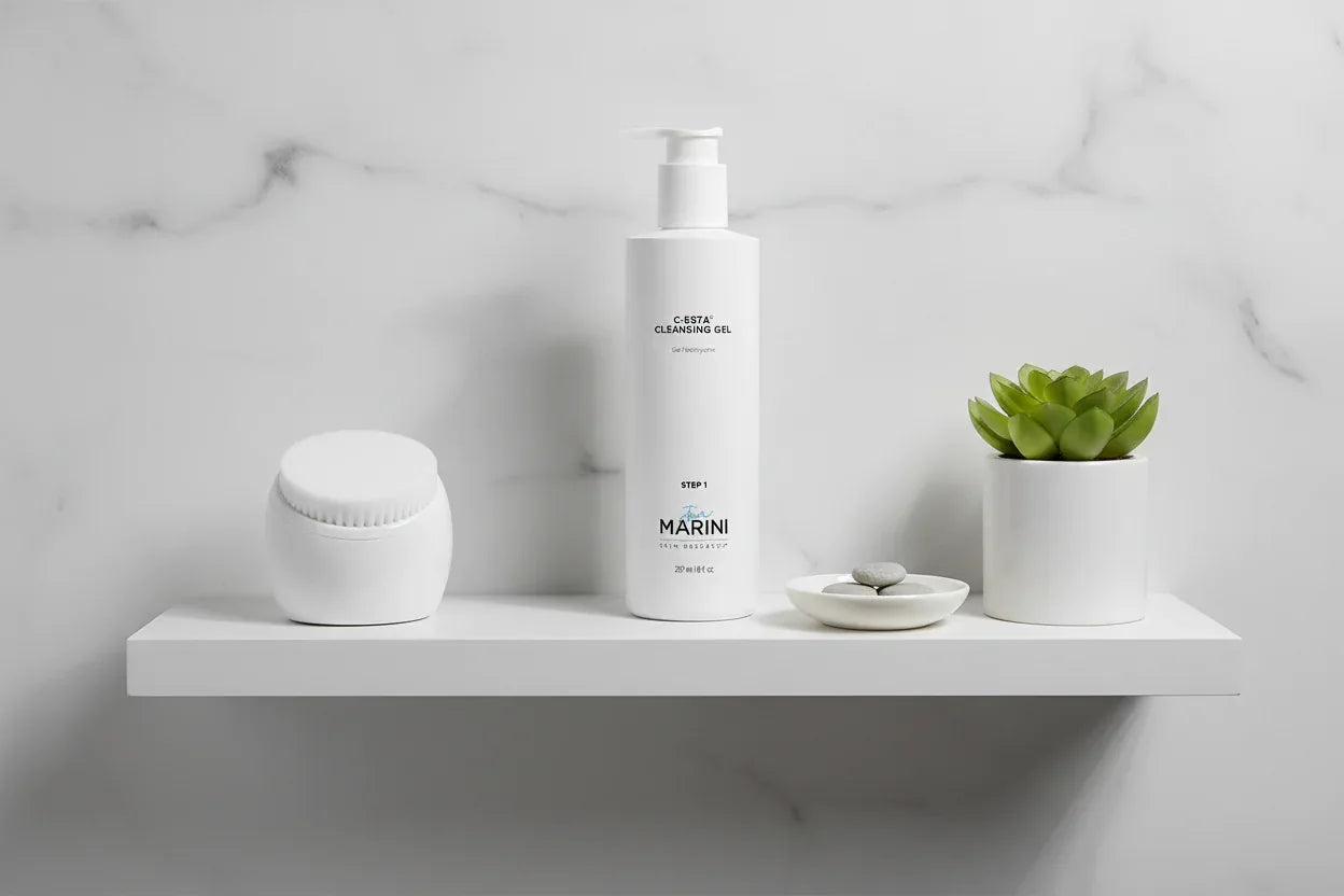 Jan Marini C-ESTA Cleansing Gel on bathroom shelf with face brush and plant lifestyle