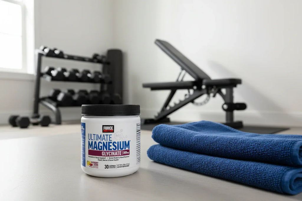 Force Factor Magnesium powder jar in gym setup with folded towel neutral morning light