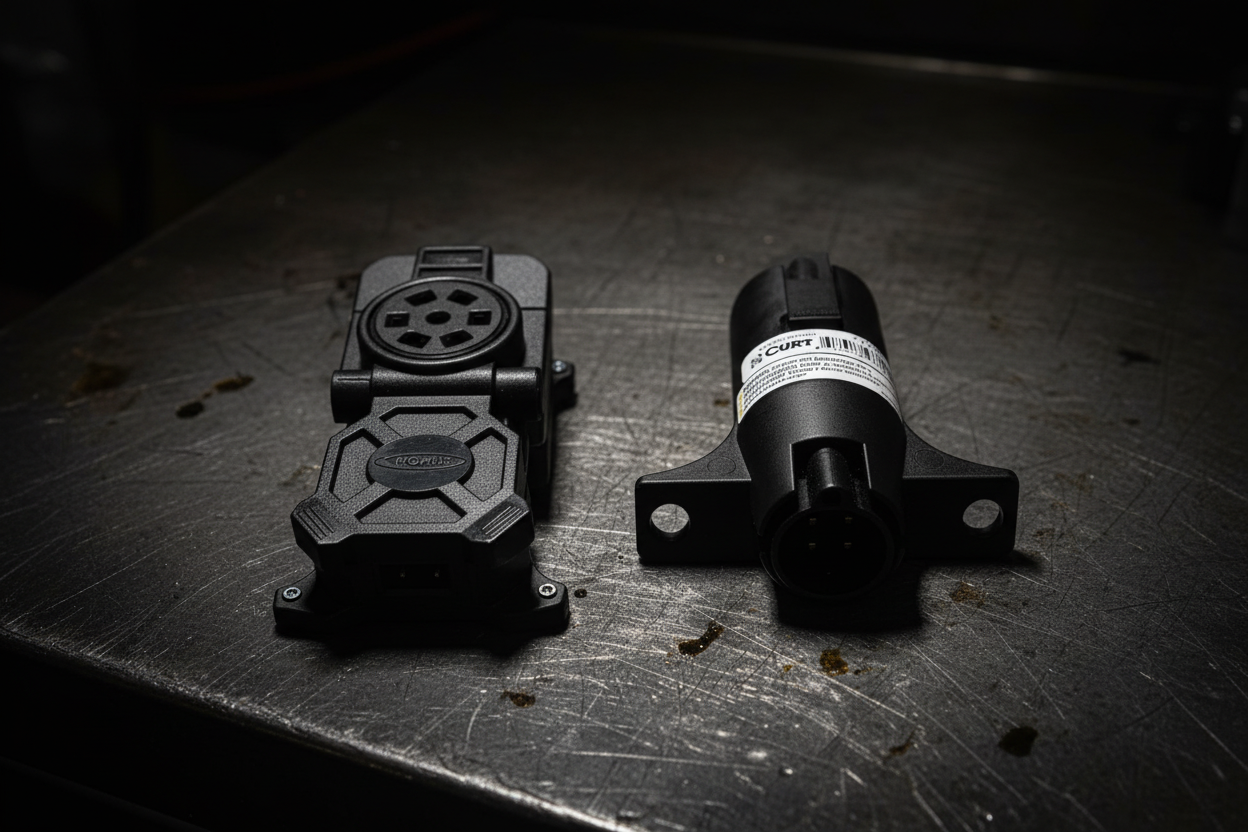 Hopkins 48470 multi-tow connector and CURT 57240 7-way connector side by side on dark steel workbench - More4less Outlet