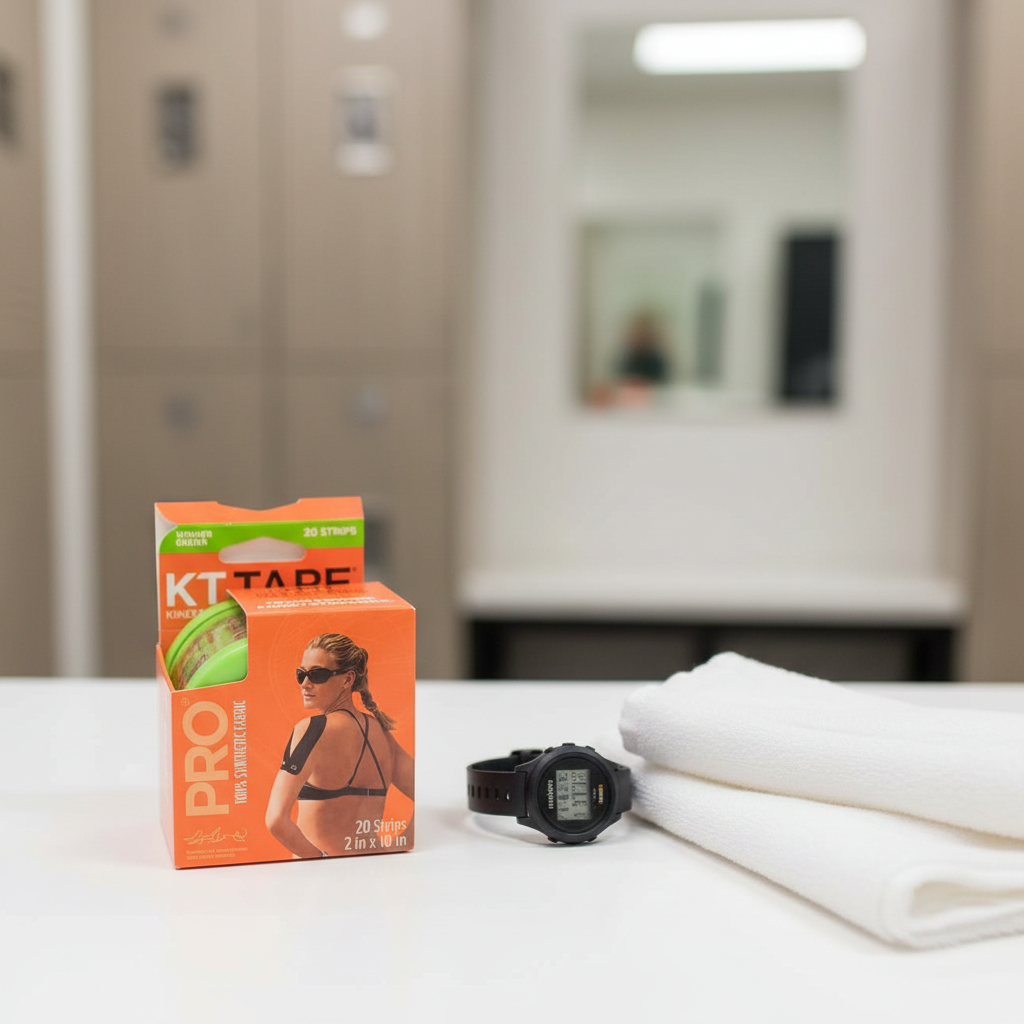 KT Tape Pro Winner Green package on a bright locker-room counter beside a sports watch and towel